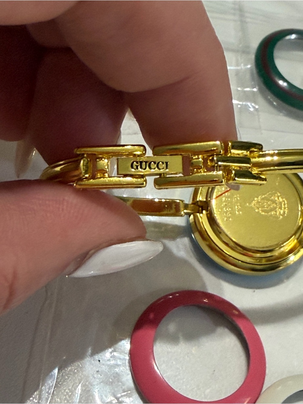 Gucci Vintage Gold Bangle Watch with Light Blue Interchangeable Bezel - Picture 4 of 8
